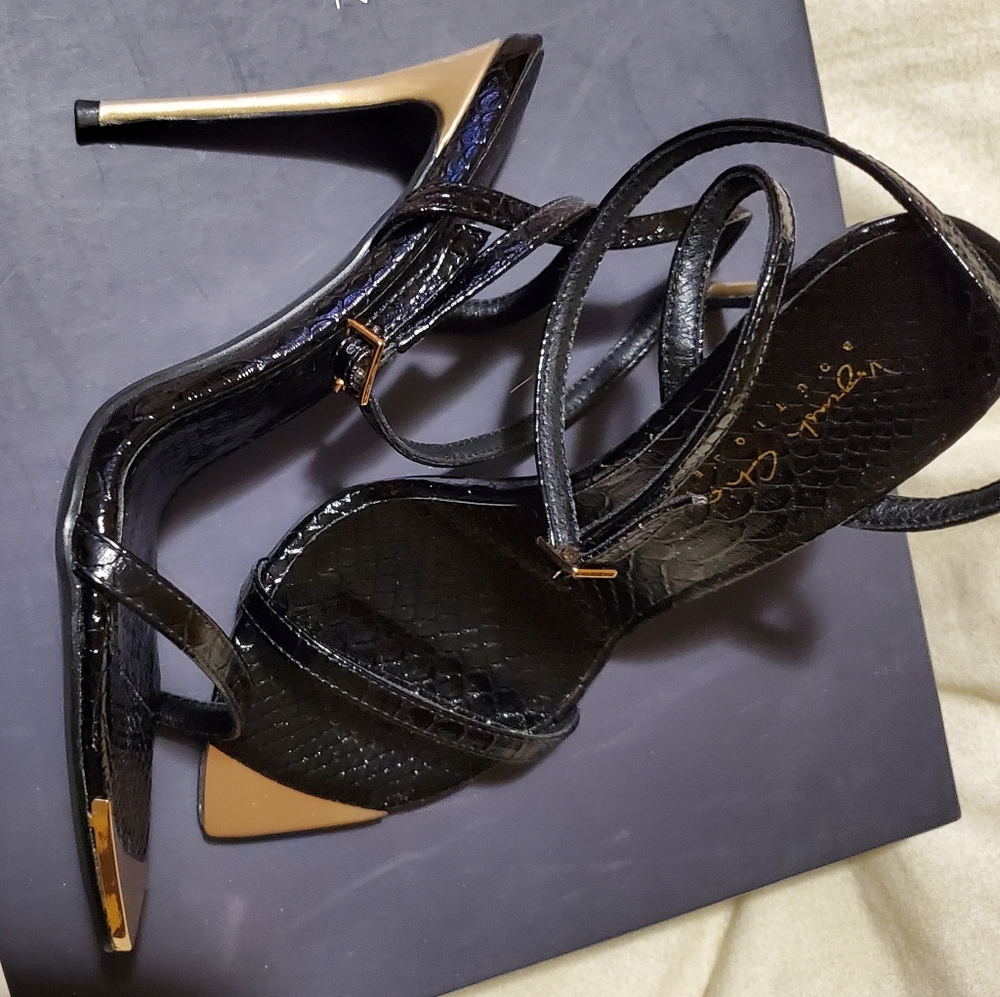 Black and Gold Strappy Heel Snake gold point toe